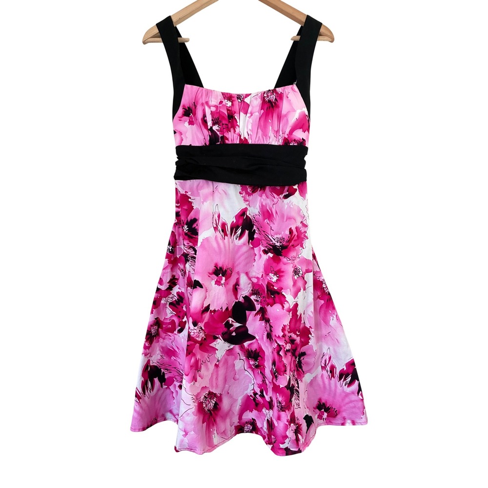 B. Smart Pink Floral Y2K Babydoll Dress Black Empire Waist Mini Size 10  Garden